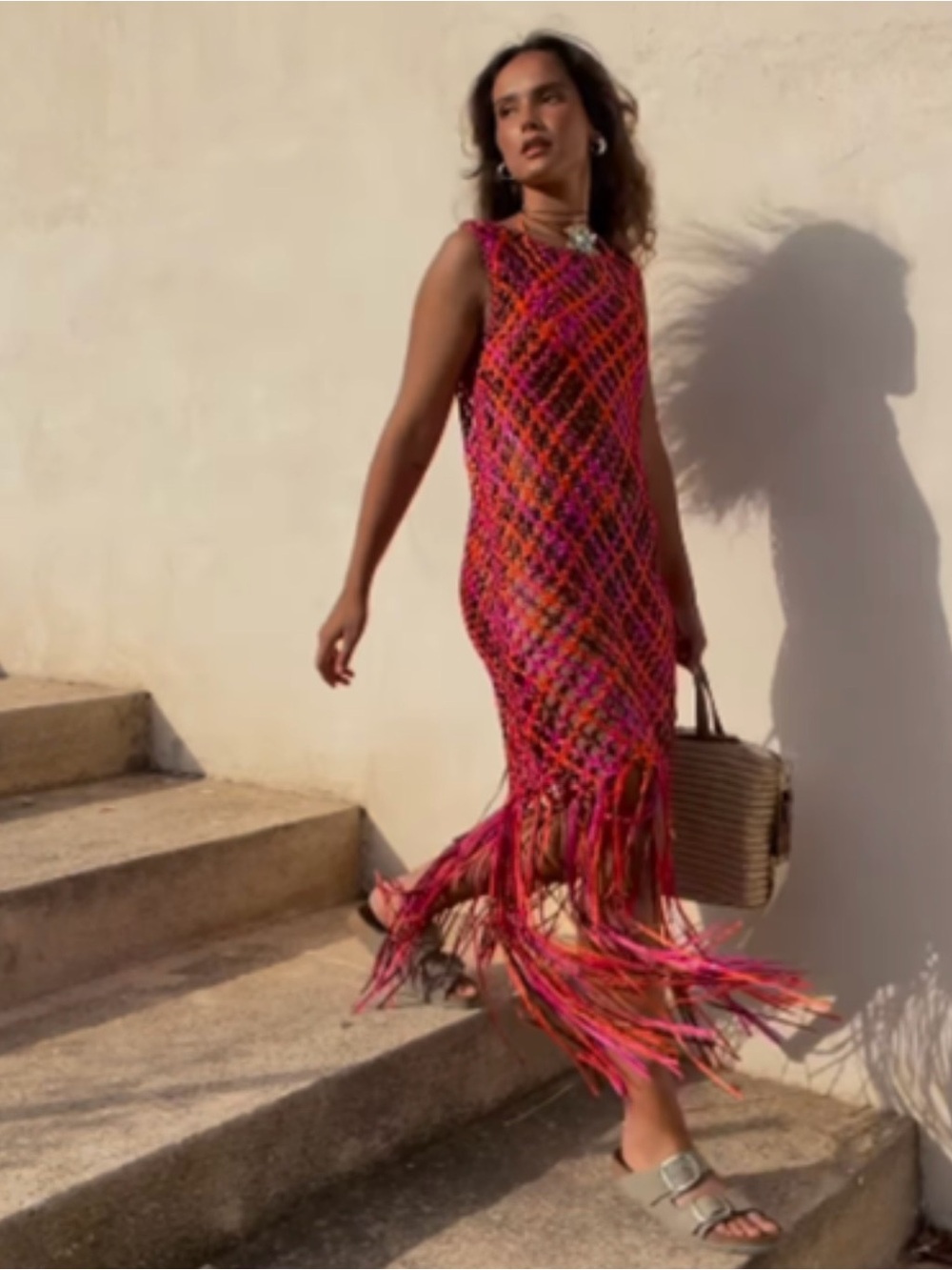Zara Pink and Orange Crochet Fringe Midi Dress